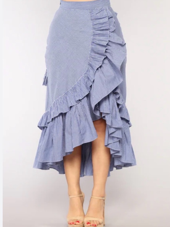 Fashion Nova Dresses & Skirts - Fashion Nova High-Low Ruffle Wrap Midi Skirt in stripes Blue small